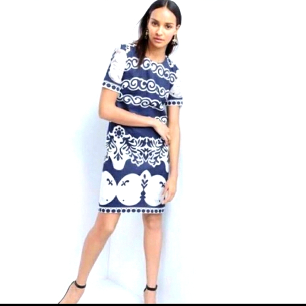 J. Crew navy elaborate lace shift dress women short sleeve size 4